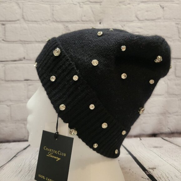Charter Club Cashmere Embellished Cuffed Beanie- Black